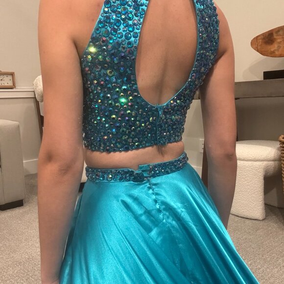 Teal Two-Piece Rhinestone Sherri Hill Prom Dress - Picture 4 of 6